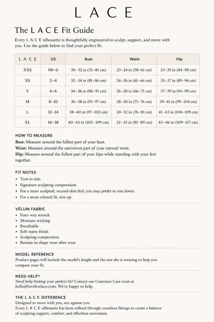 LACE size and fit guide